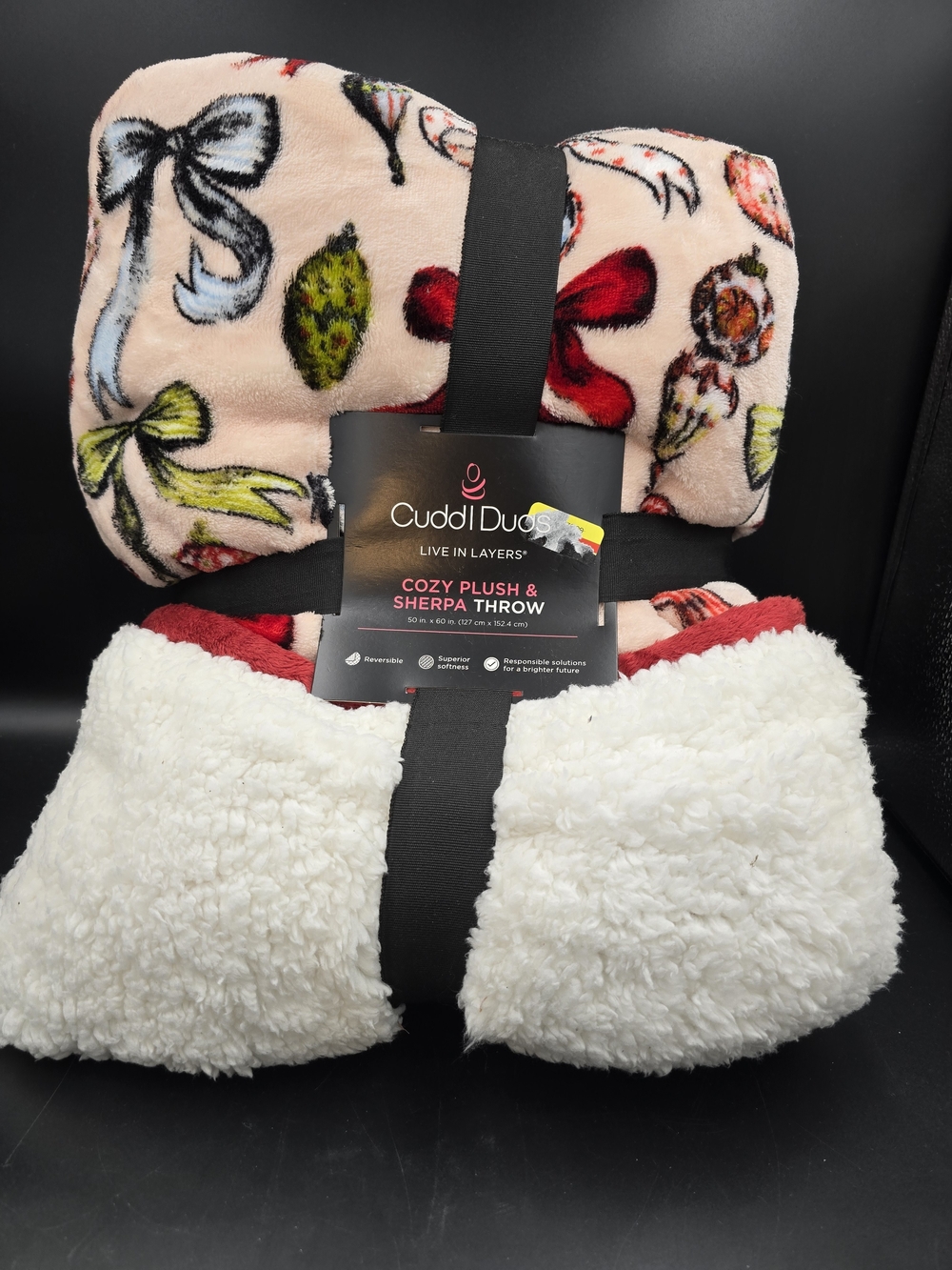 Cuddl Duds Plush & Sherpa Throw - Light Pink with Red, Green, Black Accents
